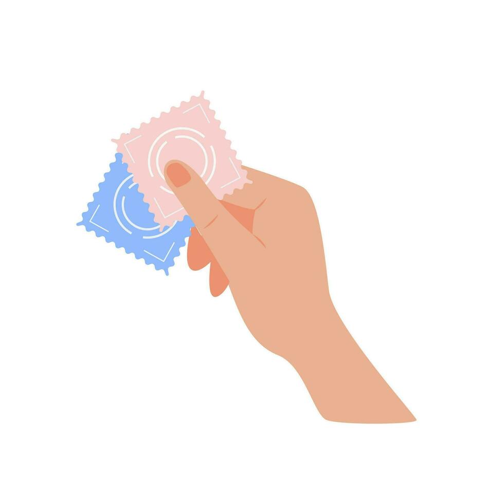 Person holding in hand different types of contraception. Birth control methods concept. Condom and hormonal contraceptive pills for safe sex. Vector flat illustration isolated on white background.