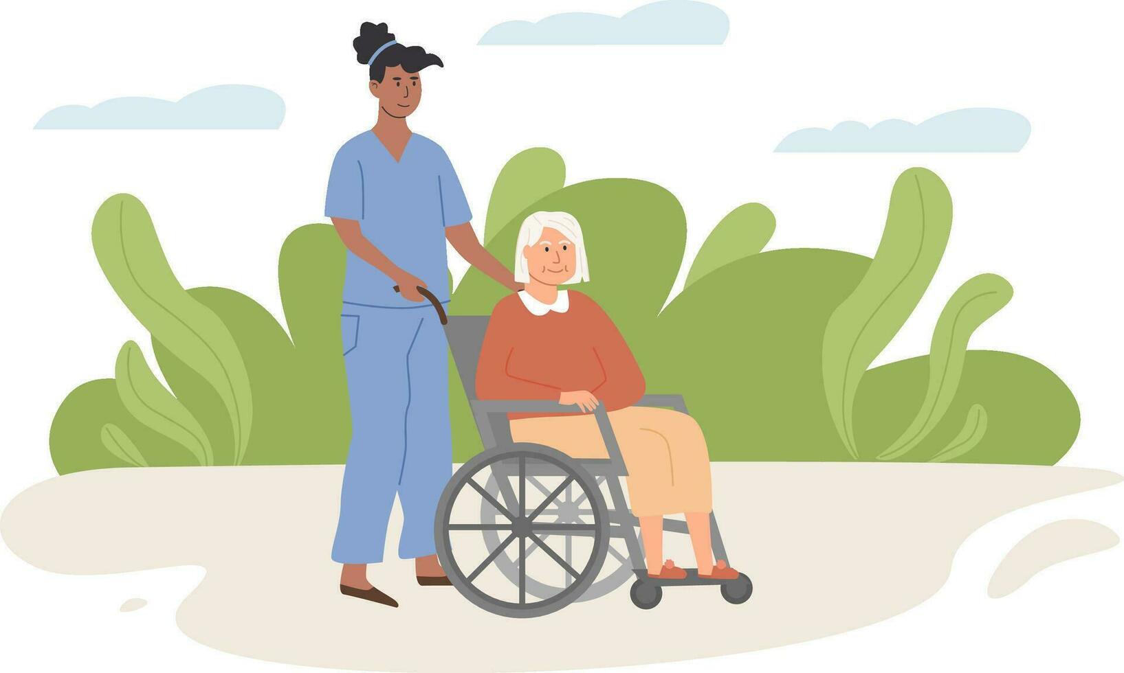 A nurse or female doctor and old age woman on wheelchair outdoors. Volunteer helping elderly lady. Scene of social worker with senior person in nature. Assisted living concept. Vector illustration.