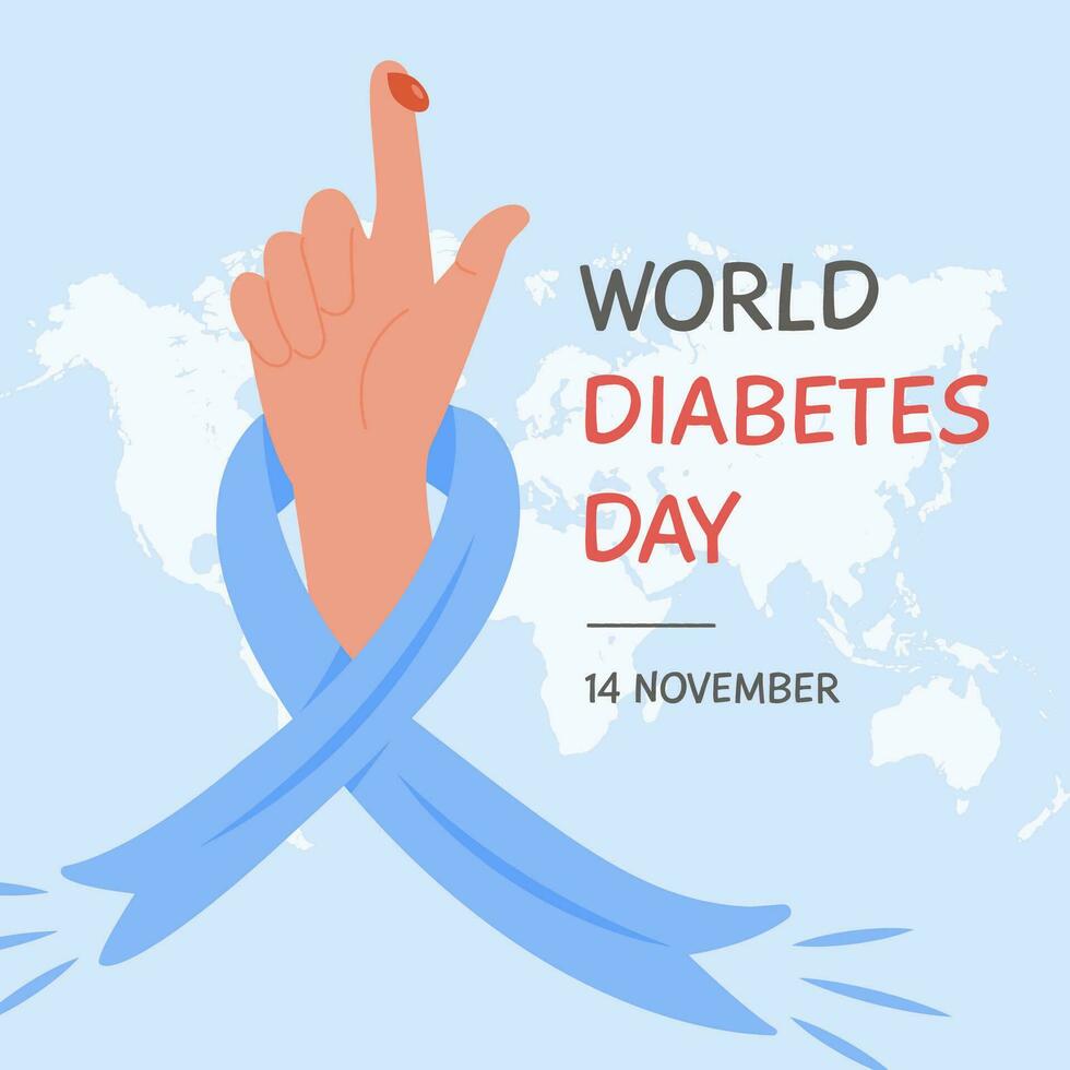 Social media square banner template for World Diabetes day. Human finger with blood drop on background with world map. Greeting card. Vector flat illustration.