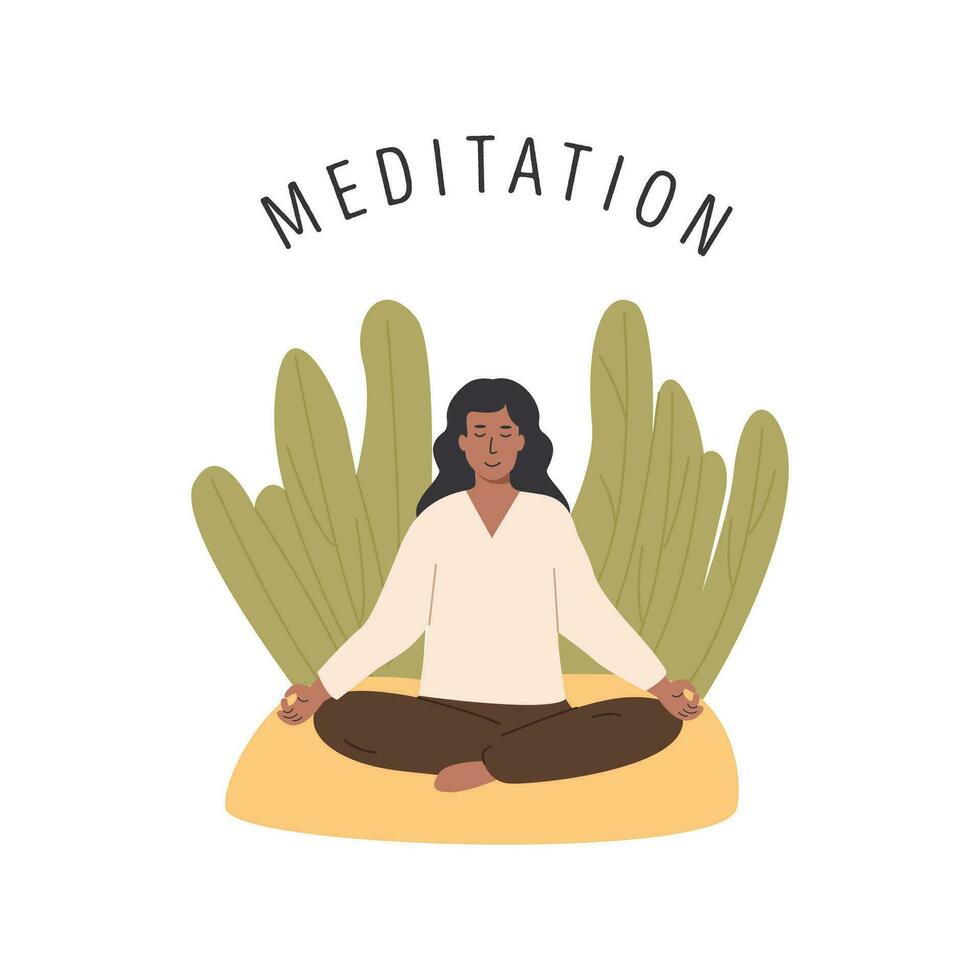 Young female and male with crossed legs and closed eyes meditating on nature. Woman or man sitting cross legged outdoor at park and practicing yoga. Meditation, abdominal breathing spiritual practice. vector