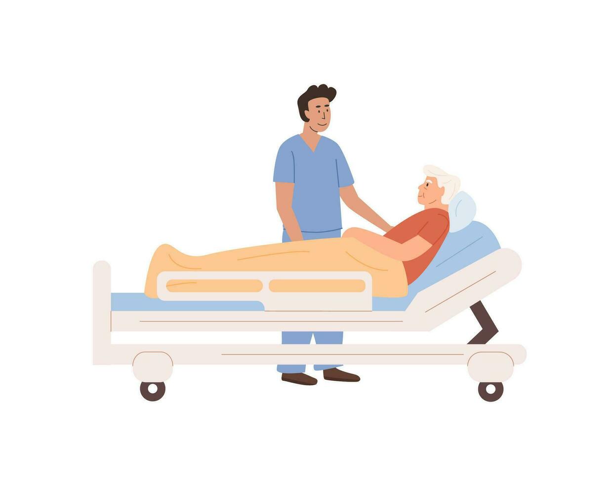 Sick senior woman lying on bed. Female nurse visit patient at old age home. Medical staff working at hospital interior. Home care services for elderly people. Residential care facility. Vector. vector