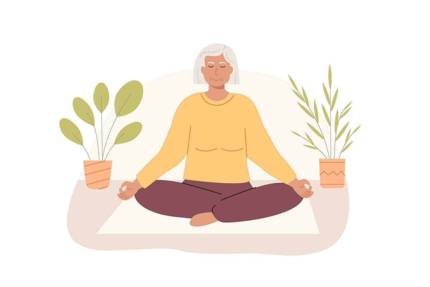 Modern elderly female with crossed legs and closed eyes meditating at home. Senior old age woman sitting cross-legged and practicing yoga. Meditation, abdominal breathing spiritual practice. Vector. vector