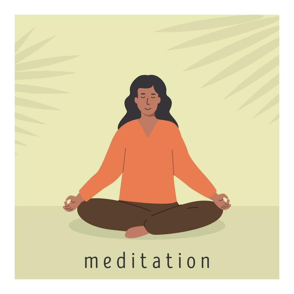 Square poster with young female meditating on lotus flower and doing yoga breathing exercise. Woman practicing Pranayama. Card with capture Meditation. Flat style vector illustration.