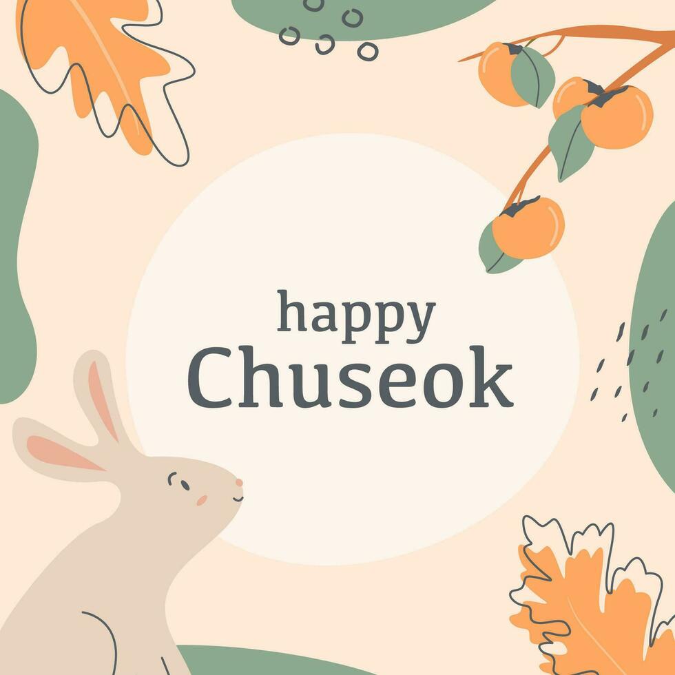 A persimmon tree brunch with fruits and rabbit looking at full moon. Greeting card for thanksgiving day in Korea. Korean traditional harvesting holiday. Happy Chuseok translation in english. Vector. vector