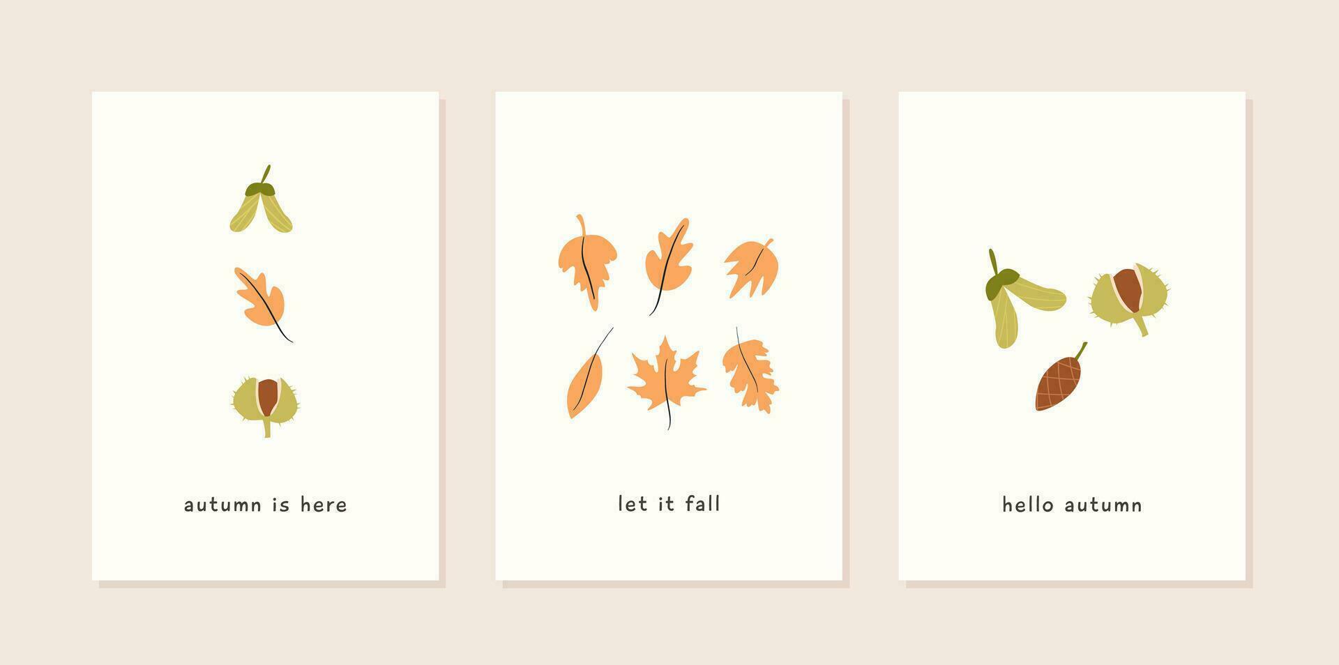 Set of autumn mood abstract greeting card templates with different shapes pumpkins, leaves and geometric shapes. Trendy minimal thanksgiving poster. Fall season harvest nature. Vector illustration.