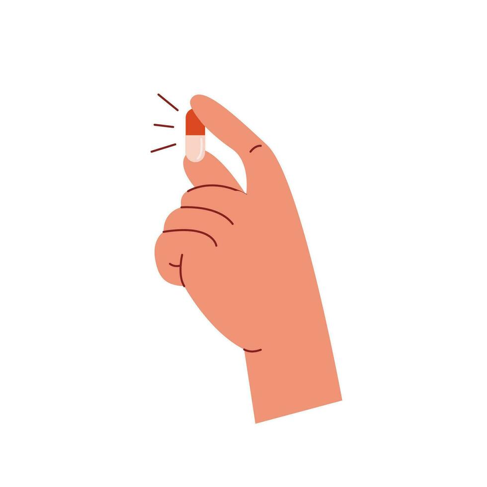 un píldora participación en el mano. tableta, cápsula de medicina o vitamina en persona mano. vector ilustración en plano estilo aislado en blanco antecedentes.