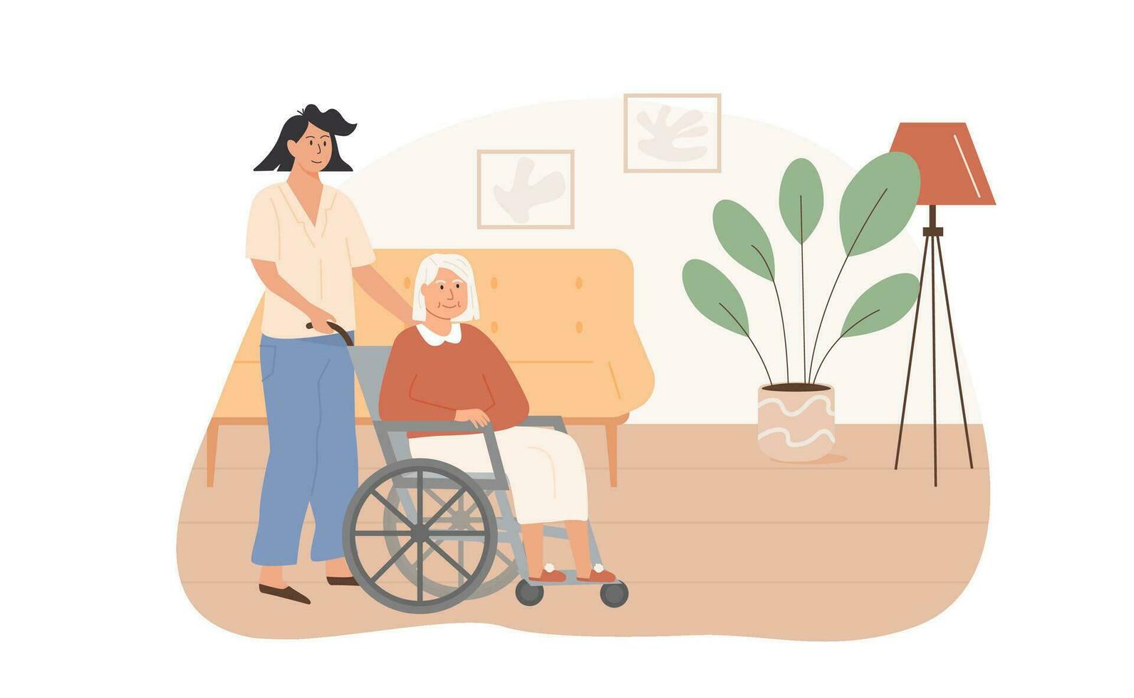 Residential care facility. Social worker taking care of disabled elderly person on wheelchair. Old age woman living in senior house. Home care services for retired people. Vector flat illustration.