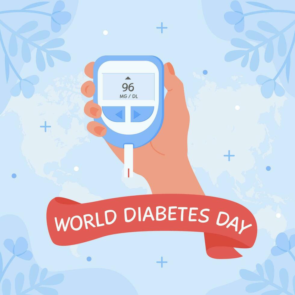 World Diabetes day square banner or card. Human hand holding glucometer to measure sugar level by finger stick. Blood glucose test. Medical device for sugar test control and level of glucose. Vector. vector