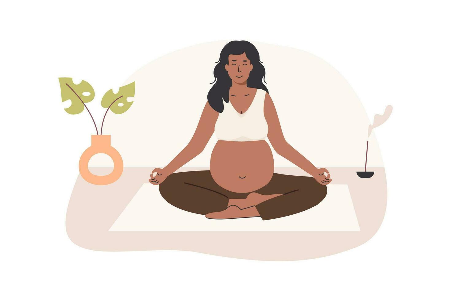 Pregnant black woman meditating outdoors. Prenatal yoga. African dark skin woman in park sitting with legs crossed practicing meditation. Relaxing exercise during pregnancy. Flat vector illustration.