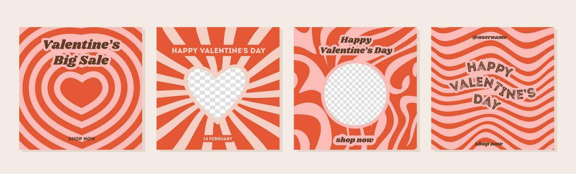 Set of Valentines greeting cards in retro 60s 70s 80s groovy style. Sale square banner for social media ig post. Love creative minimal print. Web background. Poster template vector flat illustration.