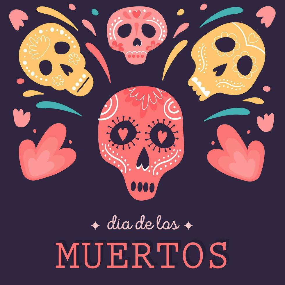 decorativo cuadrado tarjeta con azúcar cráneo vistiendo sombrero mexicano nacional fiesta día de el muerto. festivo modelo para dia Delaware los muertos decorado por huesos, flores y cactus. vector ilustración.