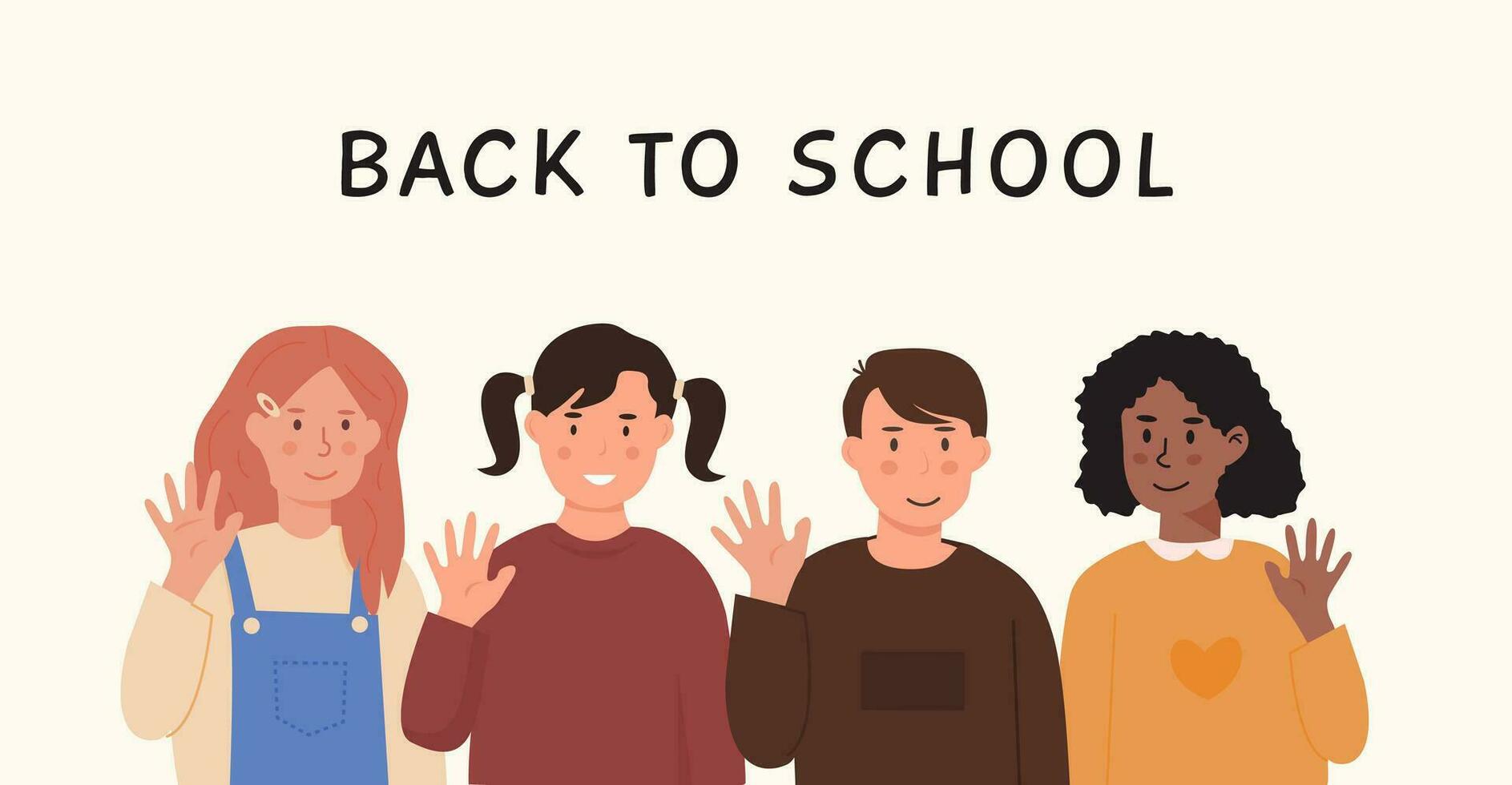 Schoolchildren waving hands and saying hi or bye to school. Diverse kids standing together. Boys and girls smiling and greeting pupils. Colored flat style vector illustration. Horizontal banner