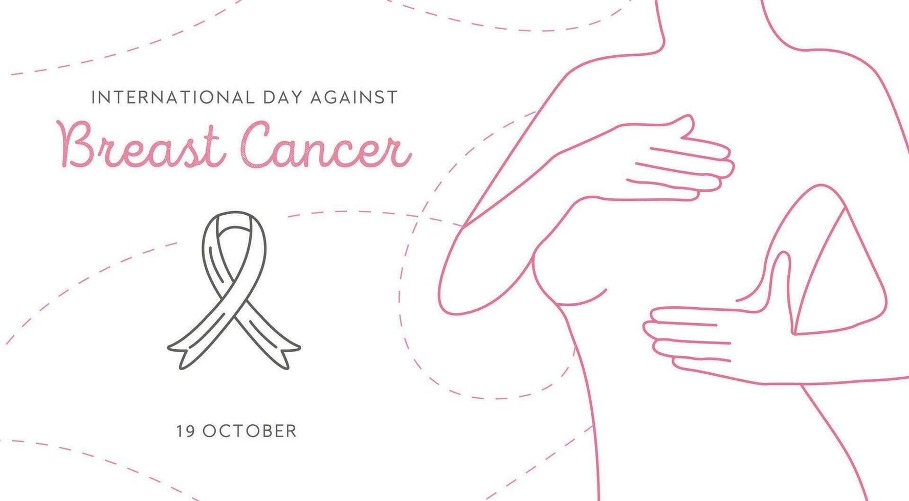 International Day Against Breast Cancer. Line art woman and outline awareness ribbon on background. Vector horizontal web banner with female outline silhouette on white background.