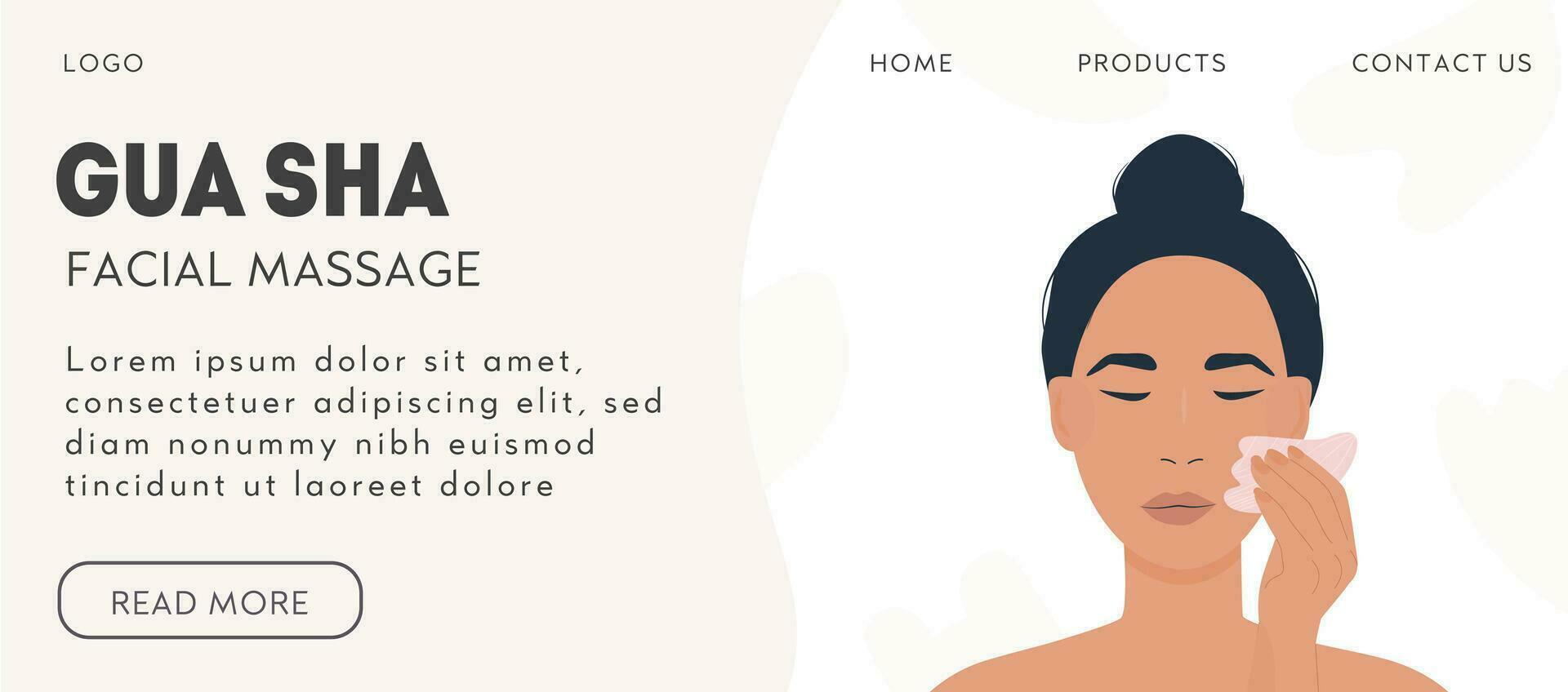 Web banner template for gua sha facial massage. Woman massaging and scraping her skin. Natural green jade guasha stone scraper. Face lifting trendy beauty treatment. Vector illustration in flat style.
