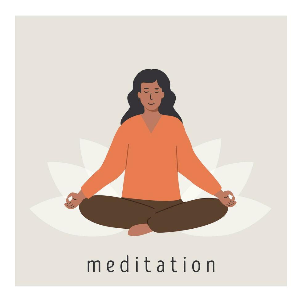 Square poster with young female meditating on lotus flower and doing yoga breathing exercise. Woman practicing Pranayama. Card with capture Meditation. Flat style vector illustration.