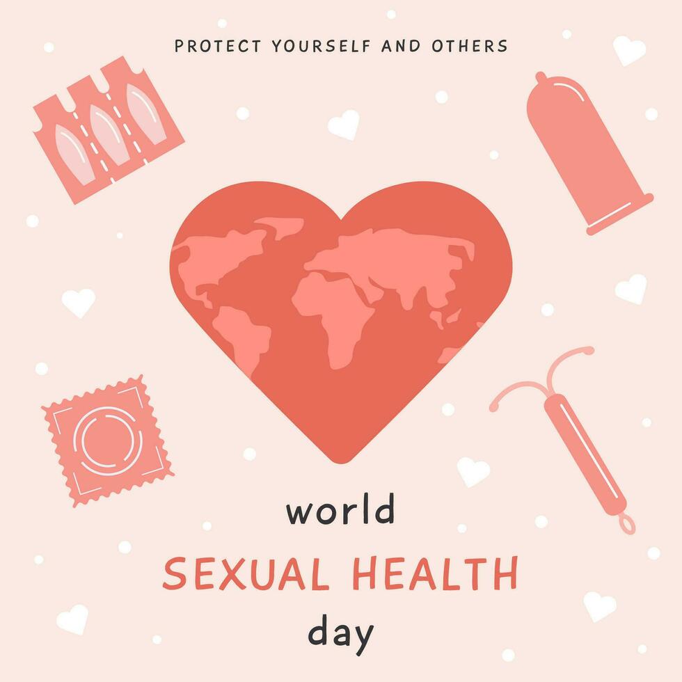 World Sexual Health Day Greeting Card. Contraception items for safe sex. Contraceptive methods. Birth control. Sex educational banner. Vector illustration in flat cartoon style.