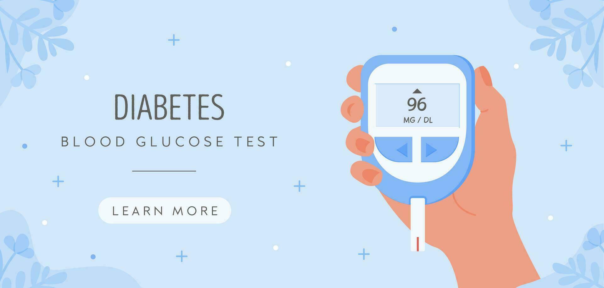 World Diabetes Day horizontal web banner. Human hand holding glucometer to measure sugar level by finger stick. Blood glucose test. Sugar test control. Vector template illustration in flat style.