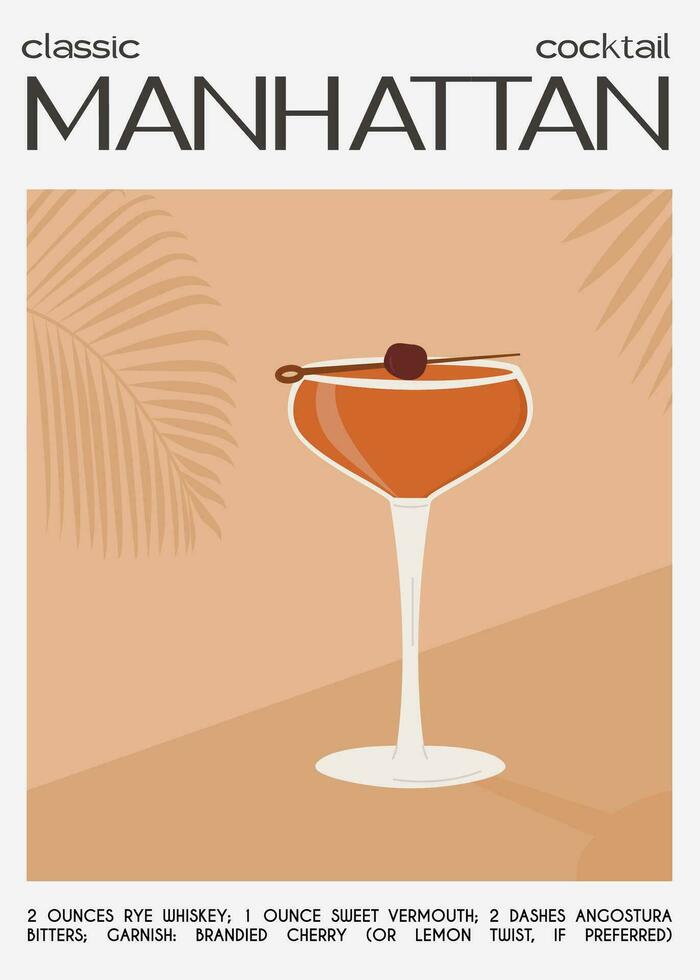 Manhattan Classic Cocktail garnished with maraschino cherry. Classic alcoholic beverage recipe wall art print. Summer aperitif poster. Minimalist alcoholic drink placard. Vector illustration.