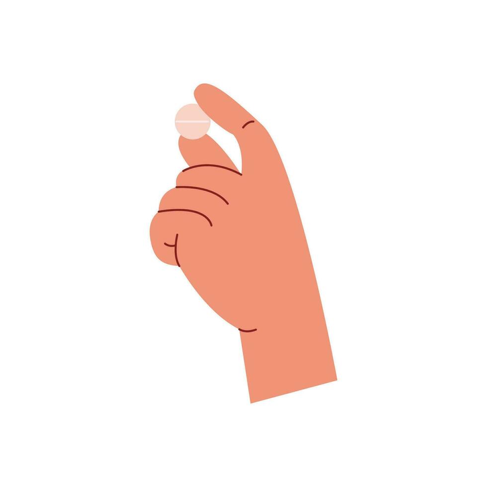 A pill holding in the hand. Tablet, capsule of medicine or vitamin in person hand. Vector illustration in flat style isolated on white background.