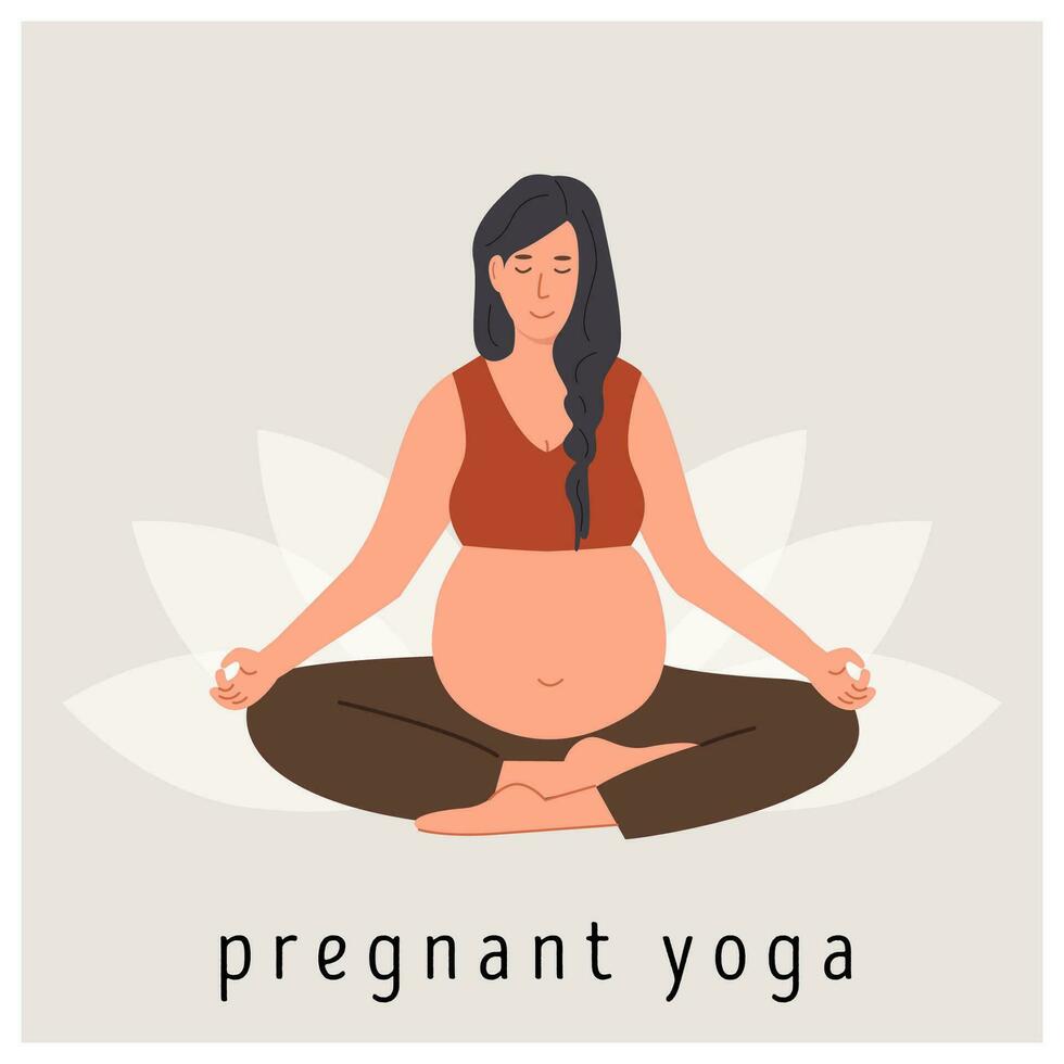 Pregnant woman meditating at home. Prenatal yoga. Woman sitting with legs crossed practicing meditation. Relaxing exercise during pregnancy. Mother with belly on a mat. Flat style vector illustration.