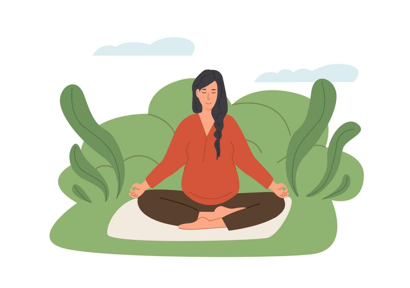 Pregnant woman meditating at home. Prenatal yoga. Woman sitting with legs crossed practicing meditation. Relaxing exercise during pregnancy. Mother with belly on a mat. Flat style vector illustration.