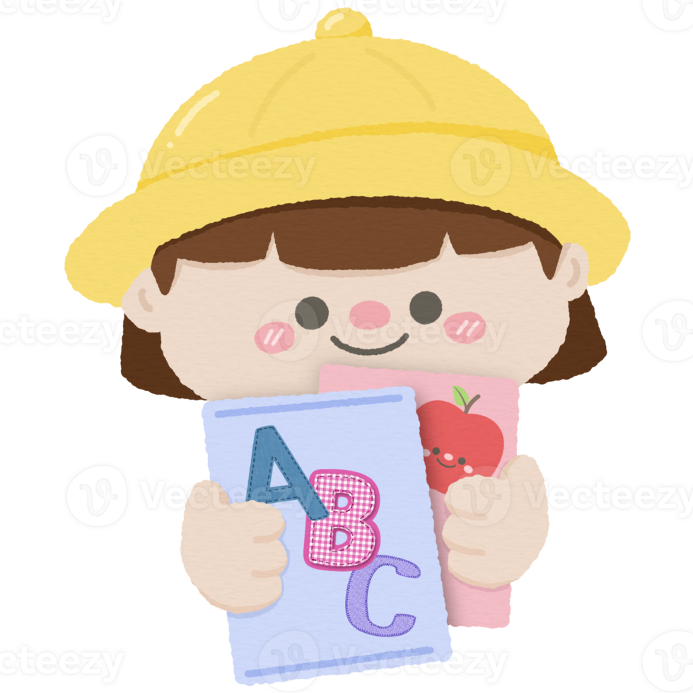 Cute kid student holding homework notebook abc png