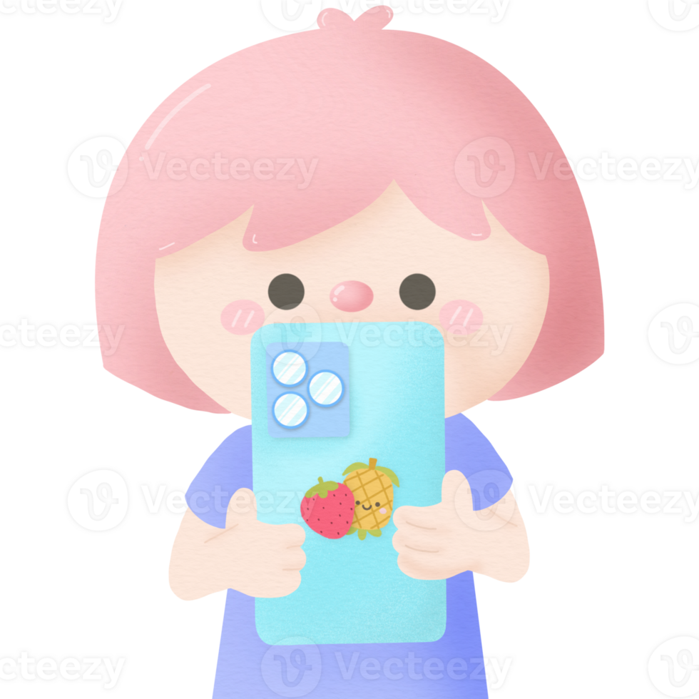 Cute pastel girl holding mobile phone png