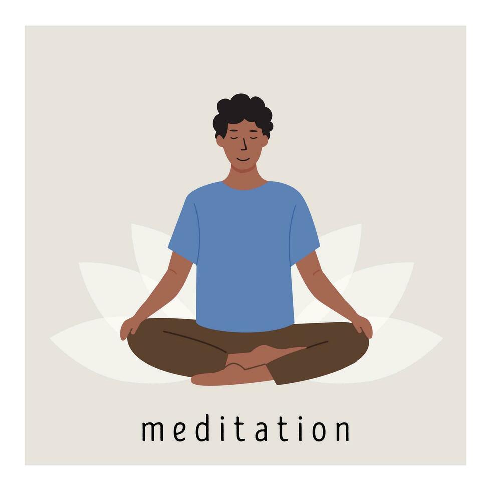 Square poster with young female meditating on lotus flower and doing yoga breathing exercise. Woman practicing Pranayama. Card with capture Meditation. Flat style vector illustration.