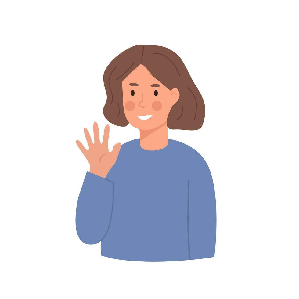 Little smiling school girl waving hand. Happy kid with two ponytails in greeting gesture saying hello or goodbye. Portrait of child from kindergarten or elementary school. Flat vector illustration.