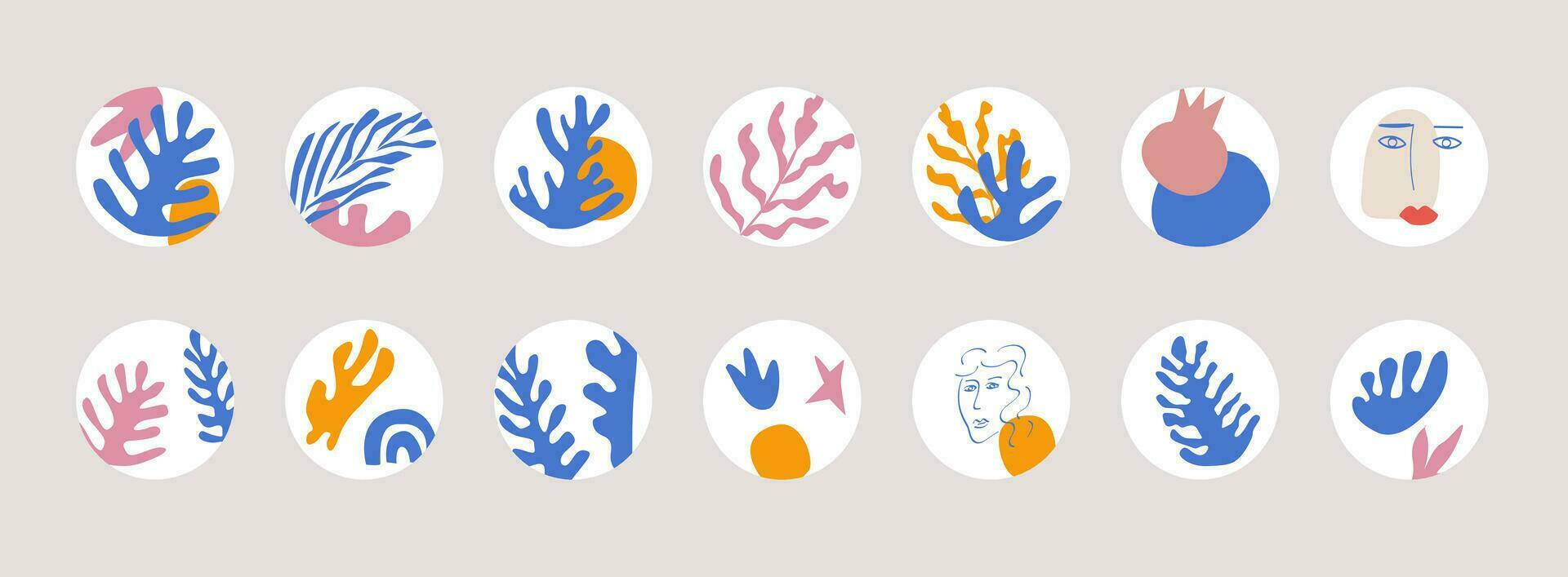 Set of matisse inspired cut out shapes and faces circle icons. Collection for social media story, blog post or highlight covers with abstract portraits. Vector illustration.