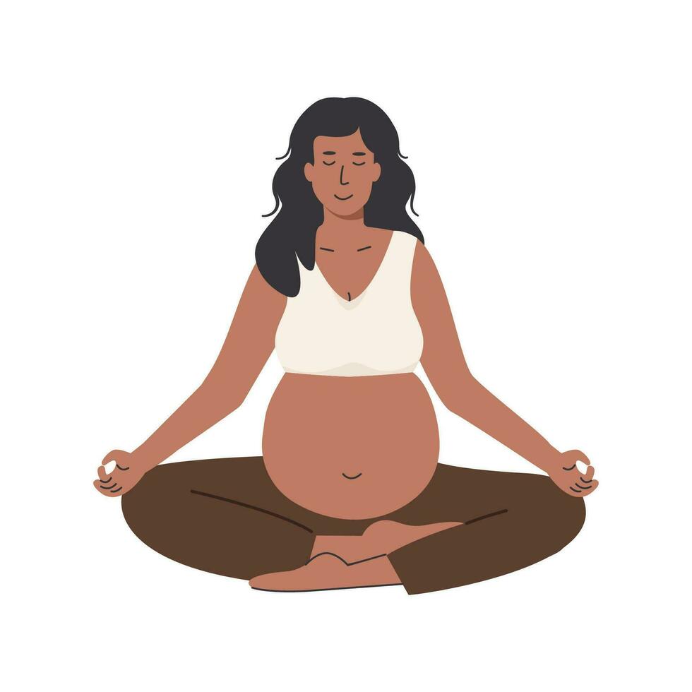 Pregnant black woman meditating outdoors. Prenatal yoga. African dark skin woman in park sitting with legs crossed practicing meditation. Relaxing exercise during pregnancy. Flat vector illustration.