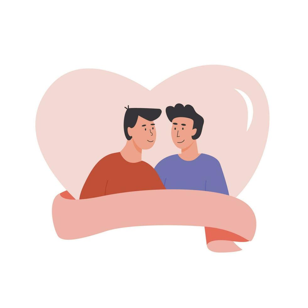 Valentines day square greeting card template for social media. Gay couple. Portrait of cute young couple. Homosexual romantic partners. Vector flat style illustration.