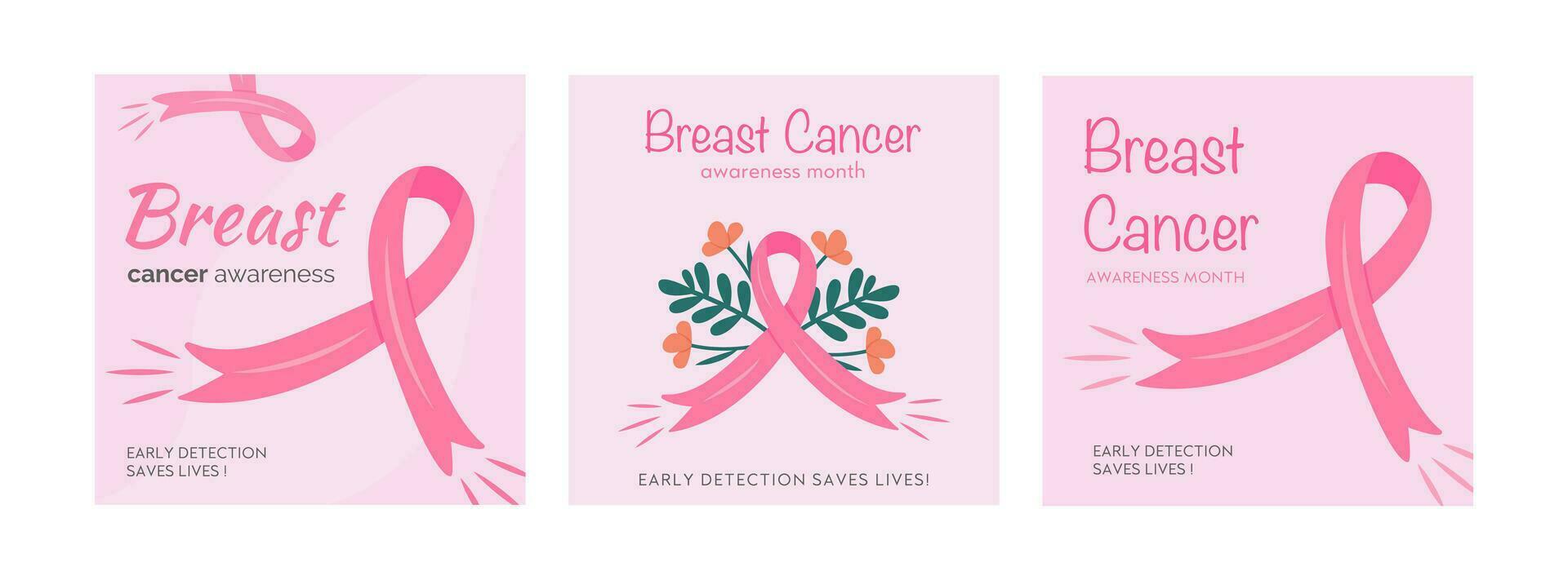 Set of vector cards for Breast Cancer Awareness Month. Collection of square banner templates for mammary cancer campaign with pink cartoon ribbons and floral decoration. Flat style Illustration.