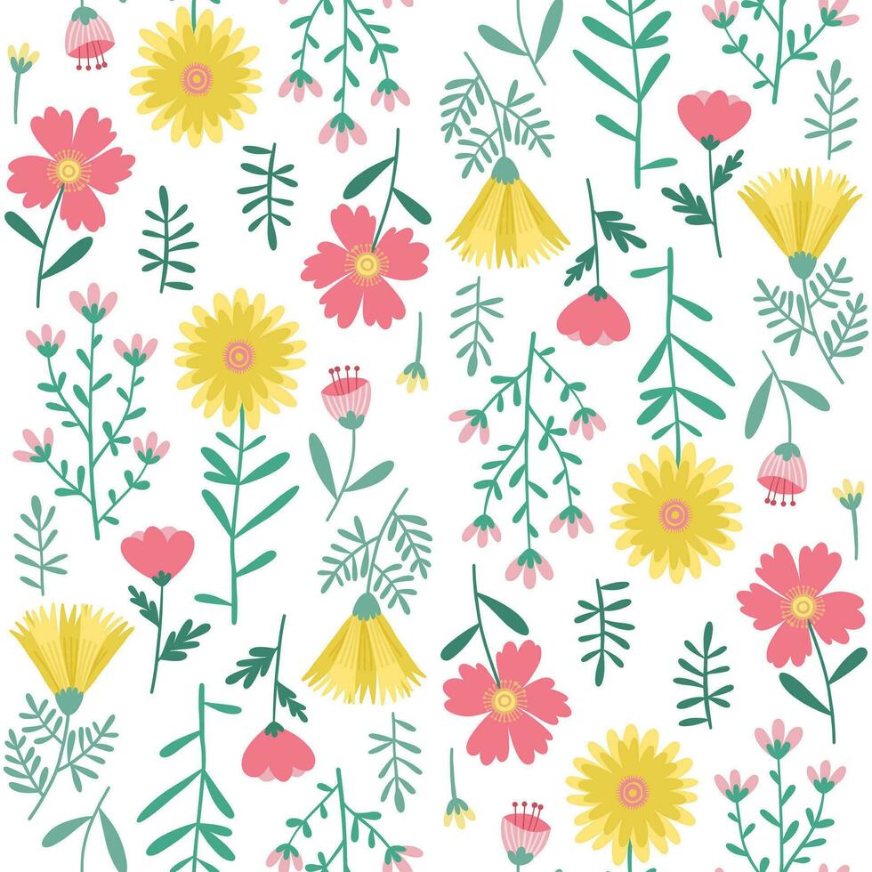 Floral Seamless Pattern of Flowers and Leaves in Yellow, Green, Pink on White Backdrop. Wallpaper Design for Textiles, Fabrics, Decorations, Papers Prints, Fashion Backgrounds, Wrappings Packaging. vector