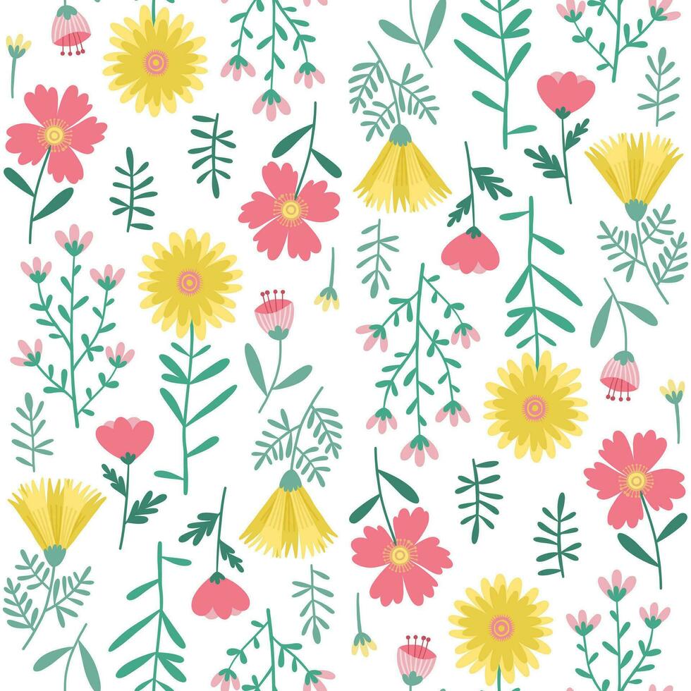 Floral Seamless Pattern of Flowers and Leaves in Yellow, Green, Pink on White Backdrop. Wallpaper Design for Textiles, Fabrics, Decorations, Papers Prints, Fashion Backgrounds, Wrappings Packaging. vector