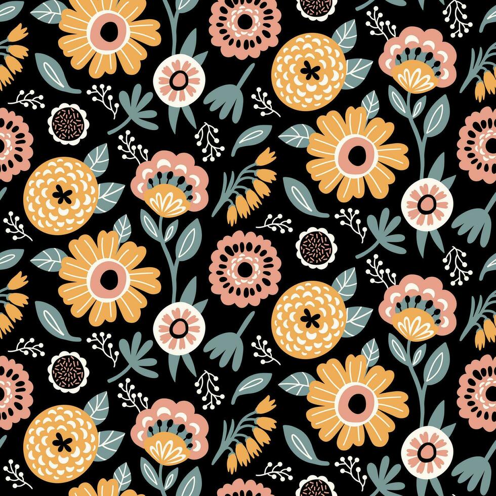 Floral Seamless Pattern of Flowers and Leaves in five Colors Yellow, White, Pink Peach, Grey Green on Black Backdrop, Wallpaper Design for Textiles, Papers Prints, Fashion Backgrounds, Beauty Products vector