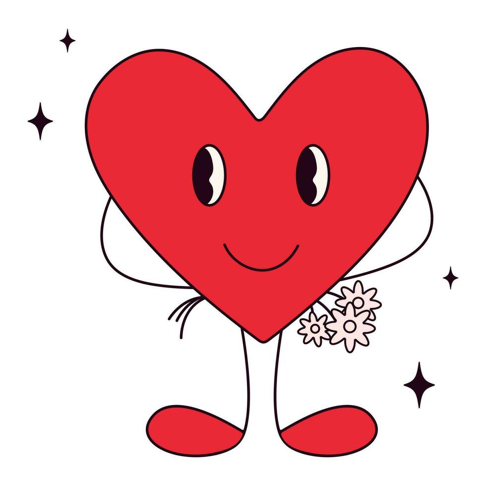 Groovy Retro happy Valentines day in trendy retro 70s cartoon style.Groovy lovely heart in trendy retro 60s cartoon style.Happy Valentines Day.Funky happy lovely heart character.Love concept.Vector vector