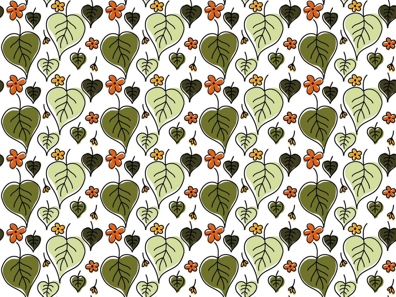 Seamless doodle pattern of green leaves and yellow and orange flowers,meadow,flower bed,chamomile vector