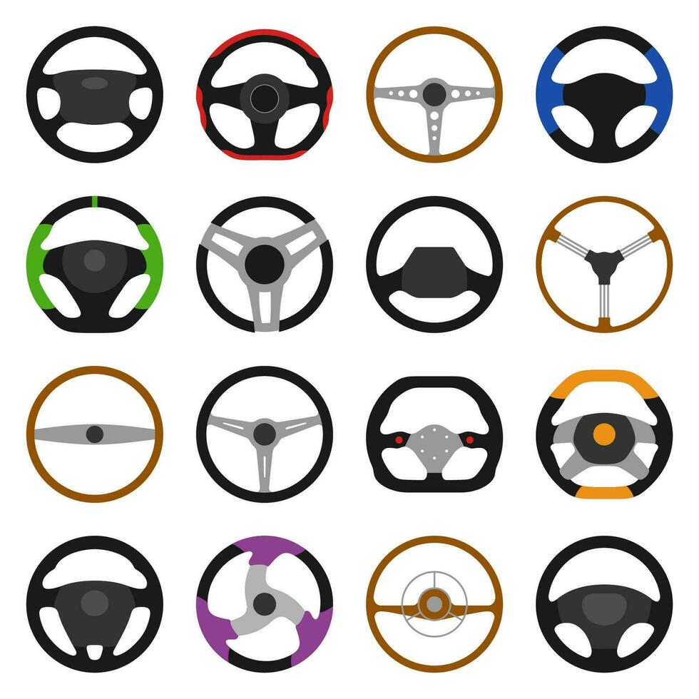 Set of different steering wheels icons isolated on white background. Car wheel control, auto part driving in flat style. Vector illustration