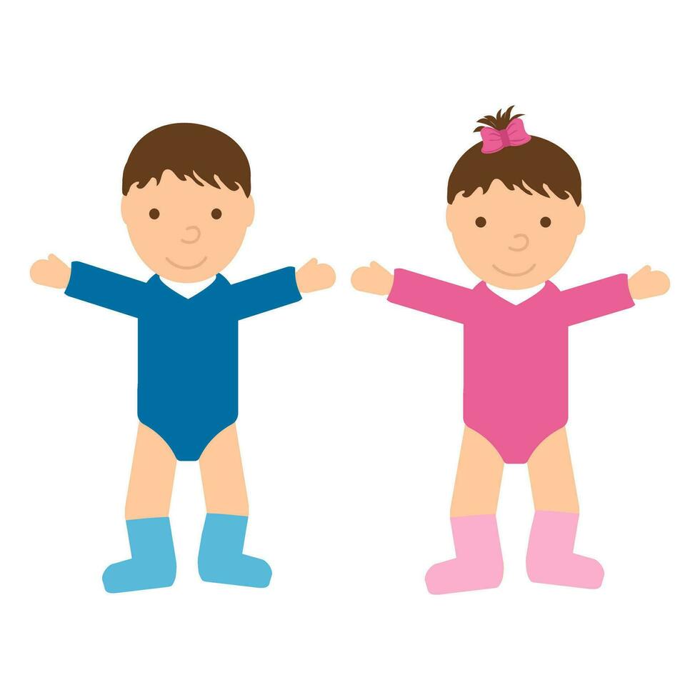 Cute baby boy and baby girl isolated on white background. Children in flat style. Vector illustration