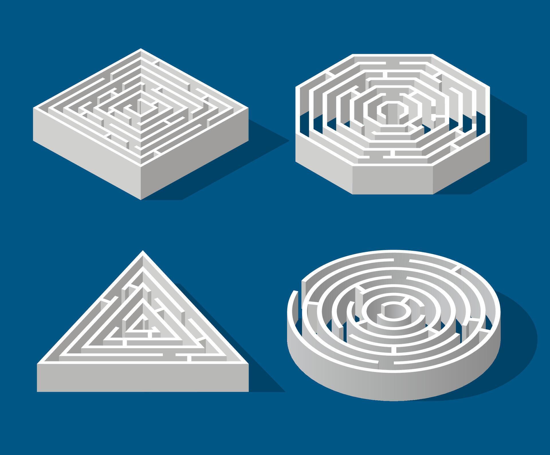 Set Labyrinth isometric game and maze fun puzzle isolated on blue