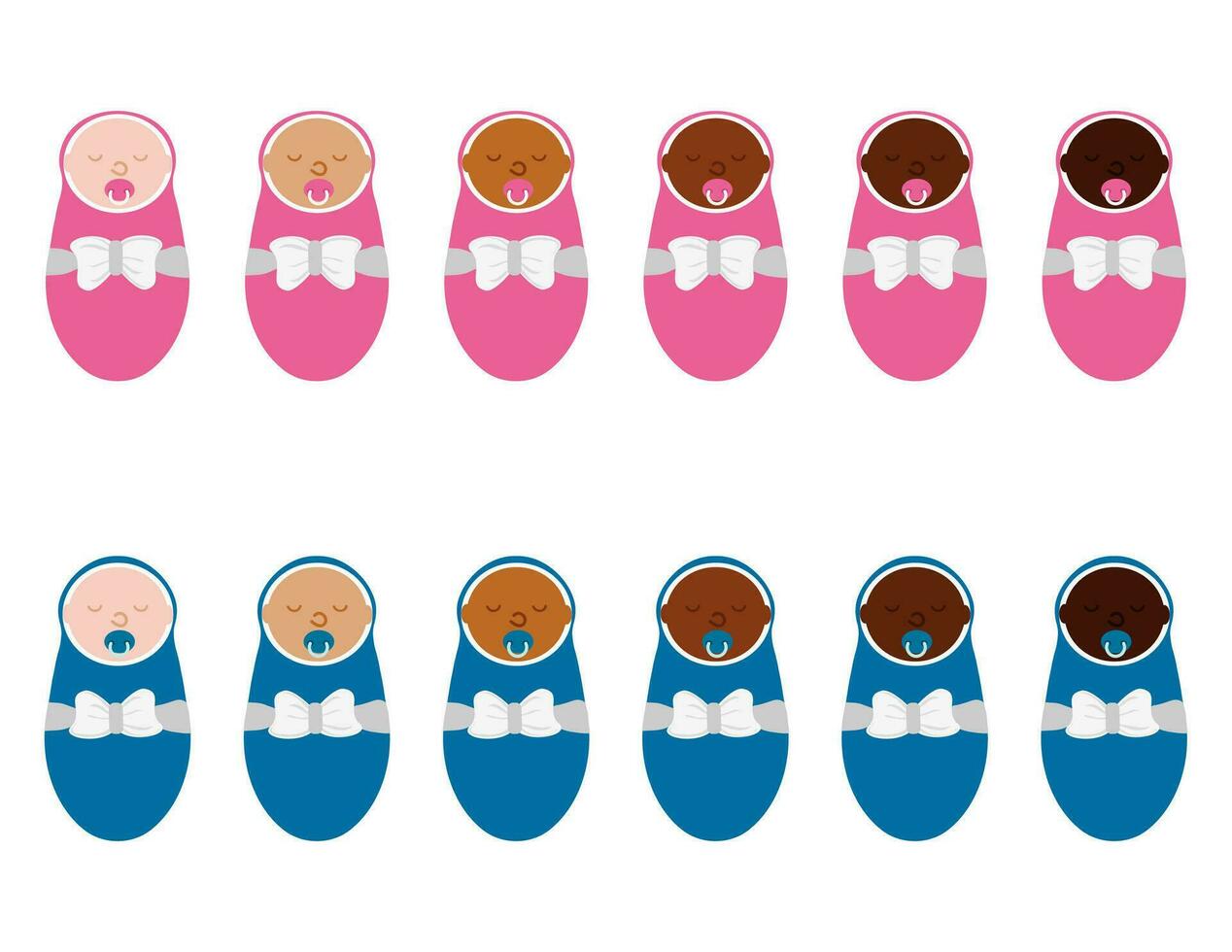 Girls and boys babies with different skin color. Young children or newborns race diversity. Multinational vector illustration.