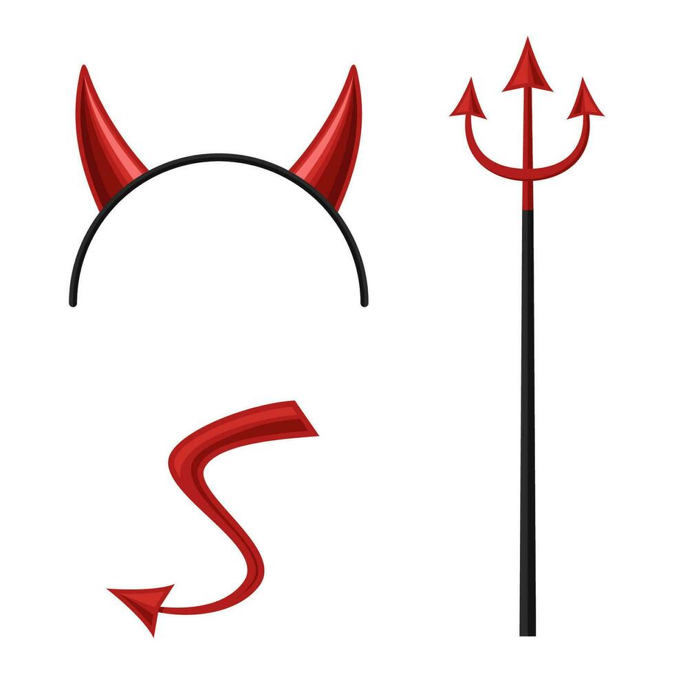 Devils horns head gear, trident and tail isolated on white background. Demon costume, halloween mask, party time, devil wears. Vector illustration.