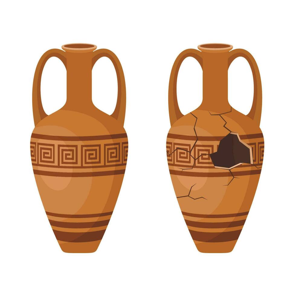 Whole and broken ancient amphora icon with two handles. Antique clay vase jar, Old traditional vintage pot. Ceramic jug archaeological artefact. Greek or Roman vessel pottery for wine or oil. Vector