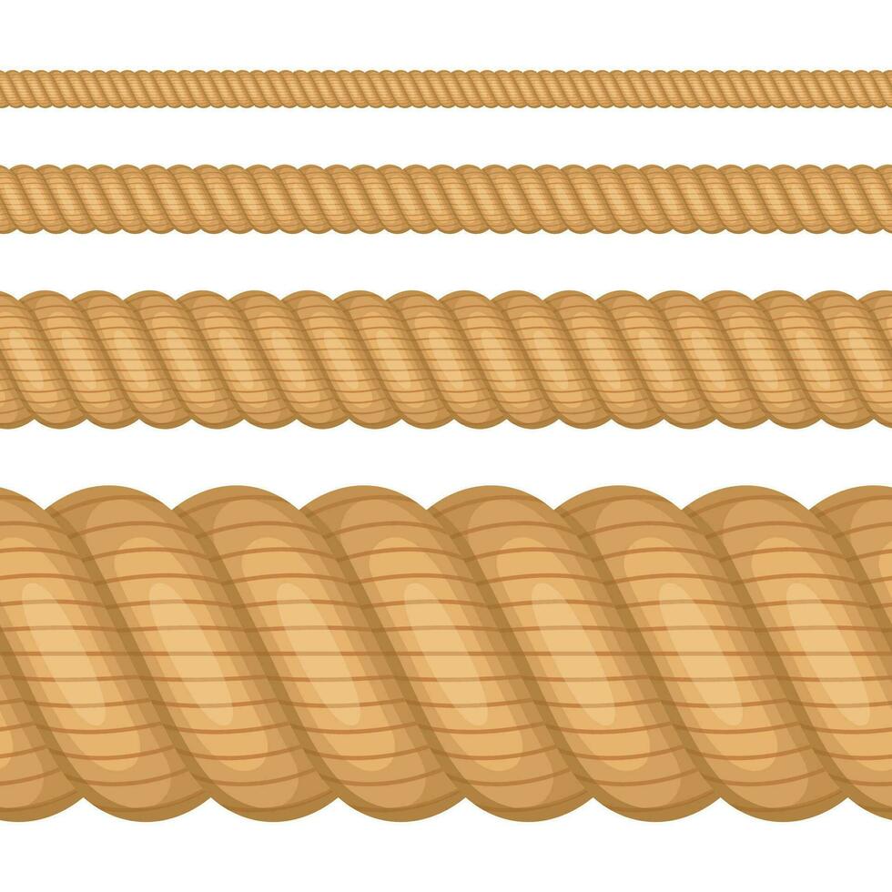 conjunto de diferente grosor cuerdas aislado en blanco antecedentes. náutico retorcido soga, marrón enroscarse en plano dibujos animados estilo. vector ilustración