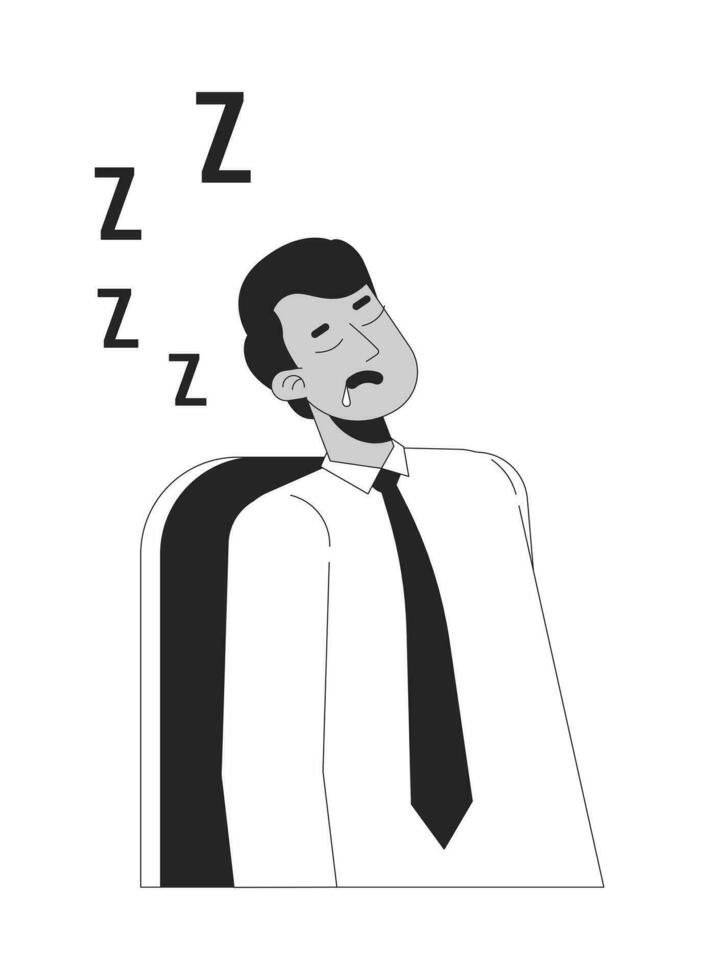 Sleeping employee male indian black and white 2D line cartoon character. South asian man napping on workplace isolated vector outline person. Exhausted worker monochromatic flat spot illustration