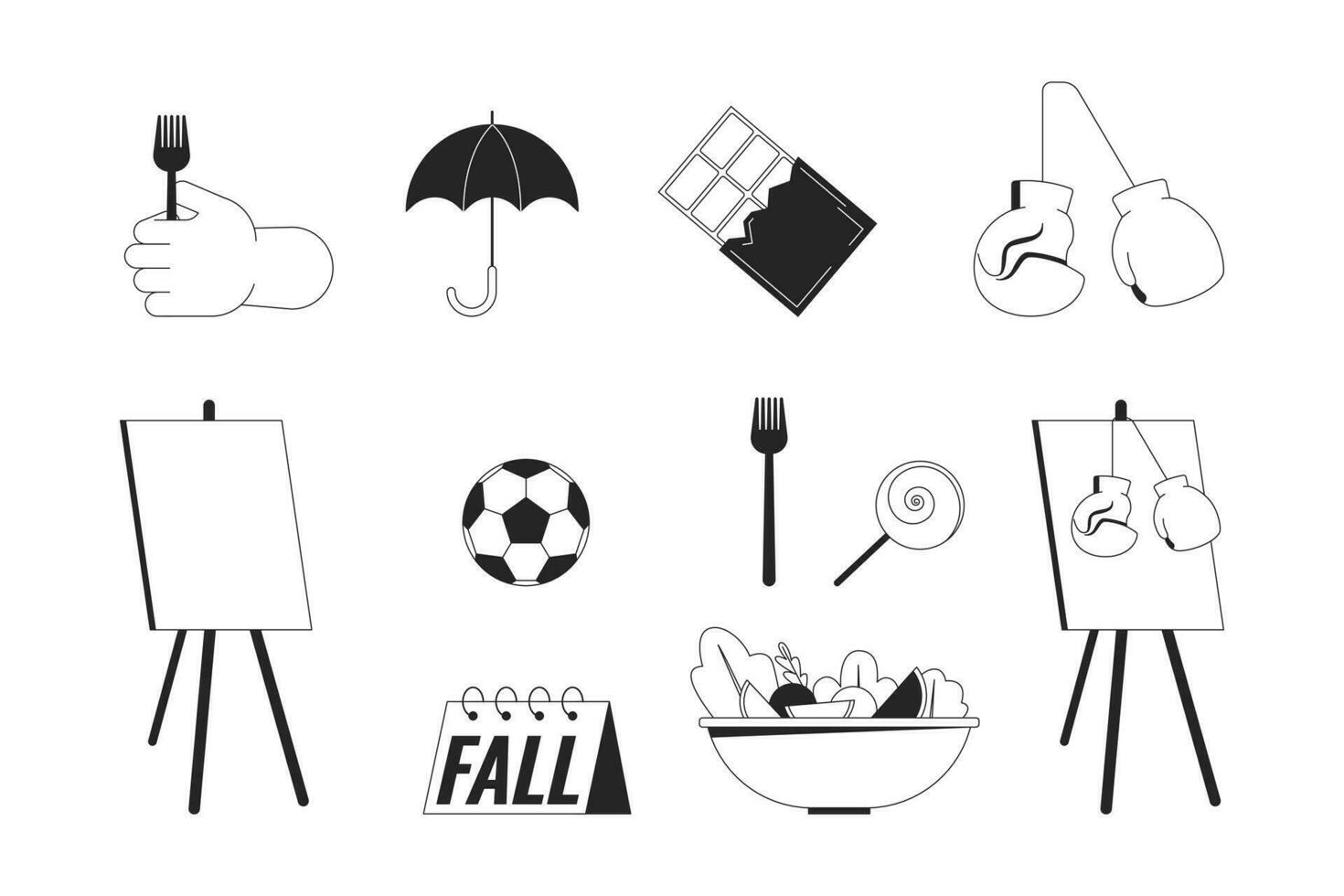 Boosting mental health black and white 2D line cartoon objects set. Sweets diet healthy, sports equipment isolated vector outline items collection. Hobbies, eat monochromatic flat spot illustrations