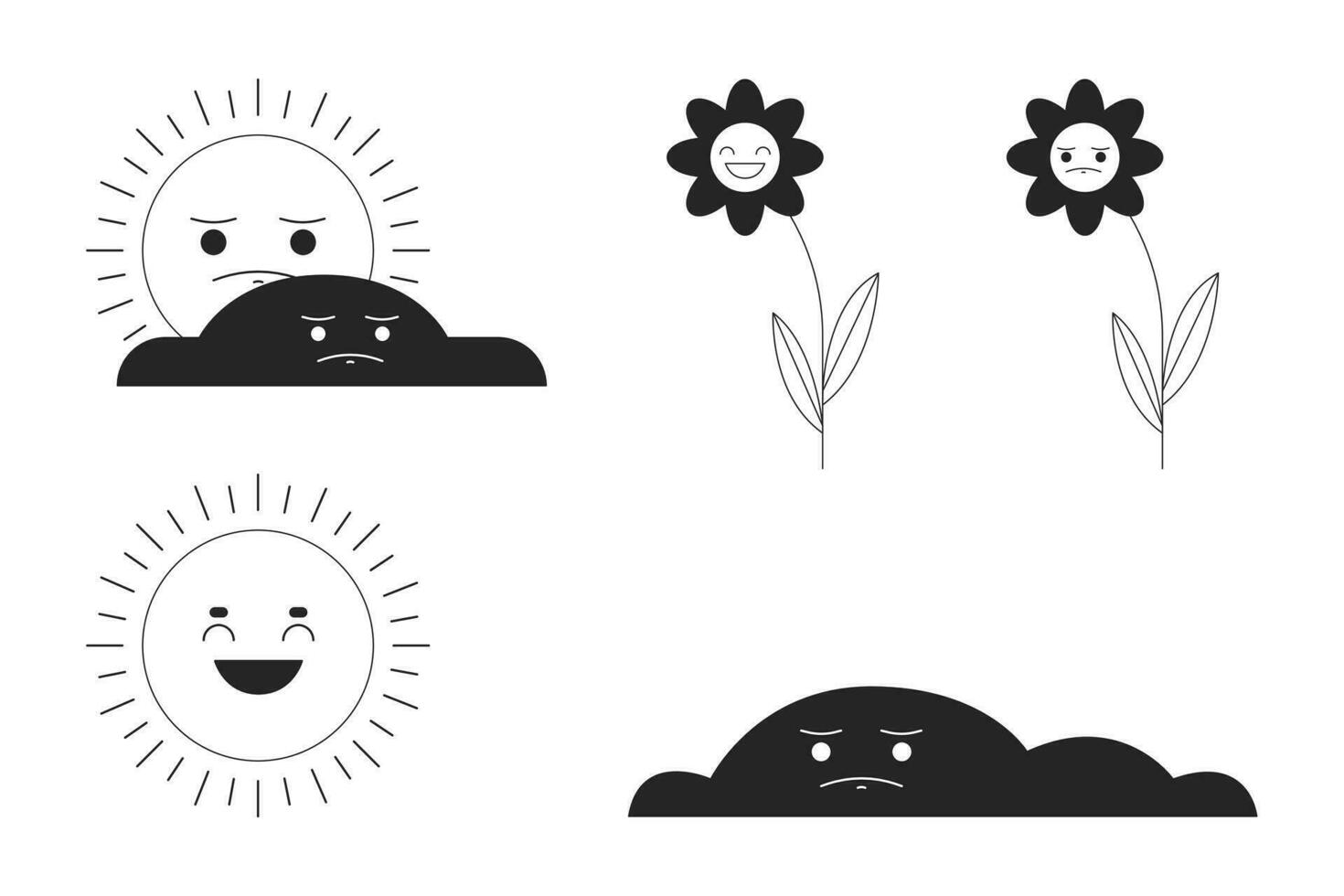 Weather seasons changing black and white 2D line cartoon characters set. Forecast, emotional flowers isolated vector outline personages. Environmental monochromatic flat spot illustrations collection