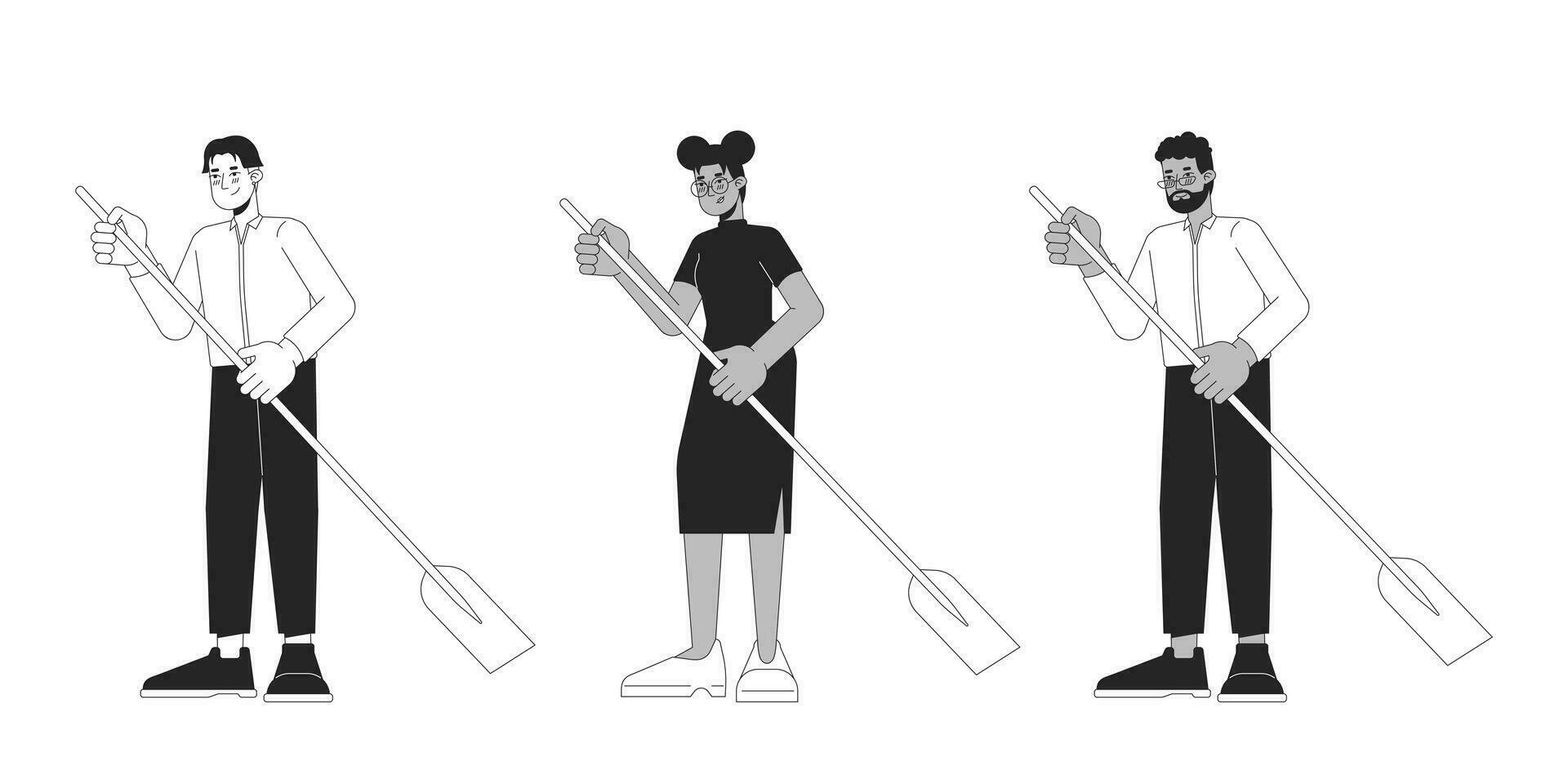 Formal diverse adults rowing paddles black and white 2D line cartoon characters set. Multicultural isolated vector outline people collection. Water activity monochromatic flat spot illustrations