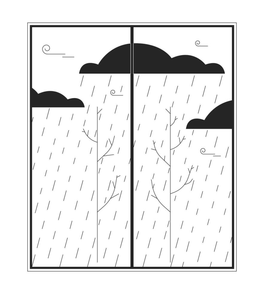 Rainy bad weather behind window black and white 2D line cartoon object. Falling rain drops gloomy clouds isolated vector outline item. Rainfall autumn overcast monochromatic flat spot illustration